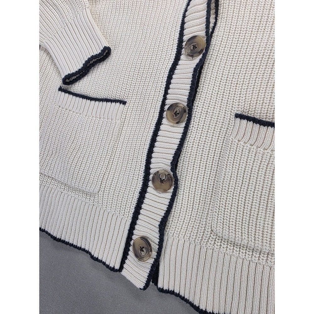 Old Navy Women's Cotton Button Cardigan Sweater Large Beige Navy Preppy Academia - Picture 2 of 8